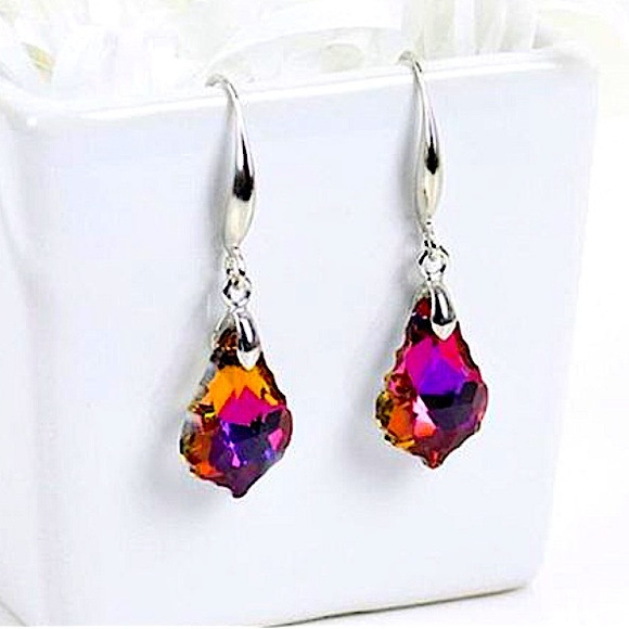 Austrian Crystal Silver Drop Dangle Colorful Baroque Leaf Earrings - Picture 2 of 4